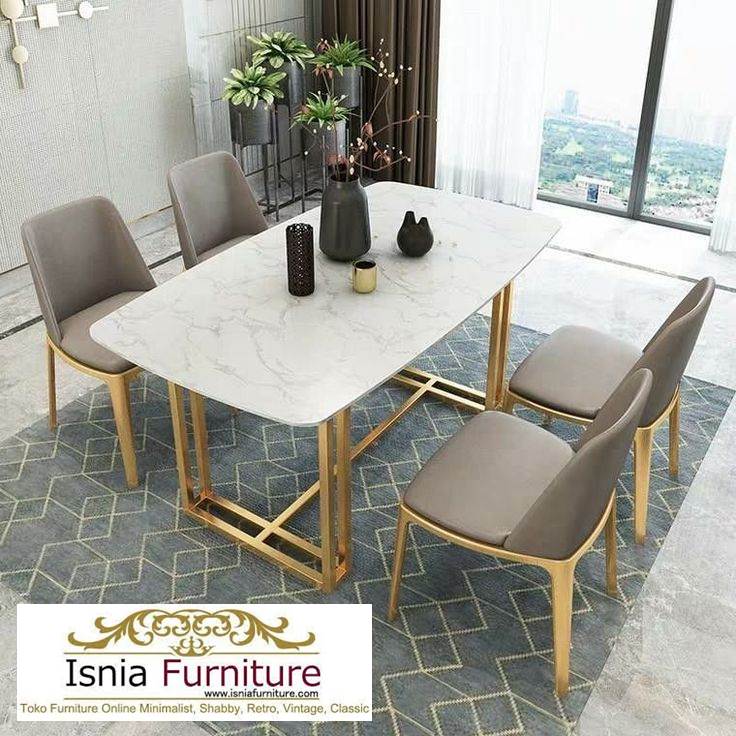 Meja Makan Marmer Import Persegi Panjang Kaki Stainless Gold