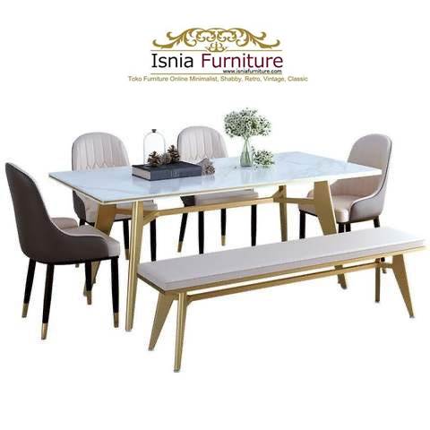 Meja Makan Marmer Import Persegi Panjang Kaki Stainless Gold