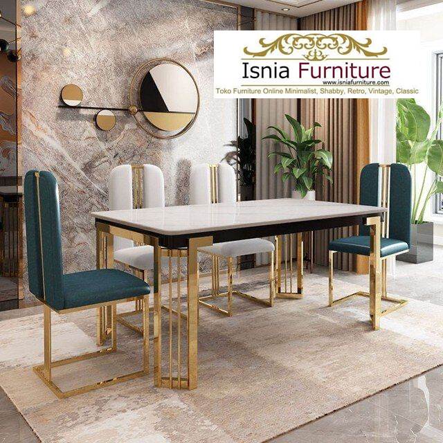 Meja Makan Marmer Import Persegi Panjang Kaki Stainless Gold
