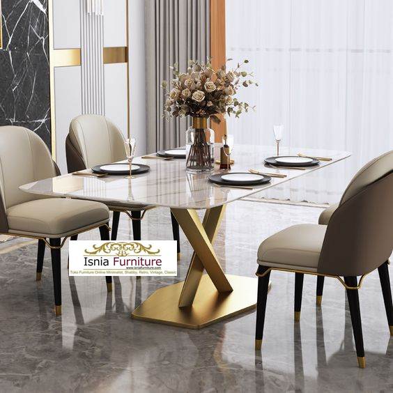 Meja Makan Marmer Stainless Steel Gold Silang