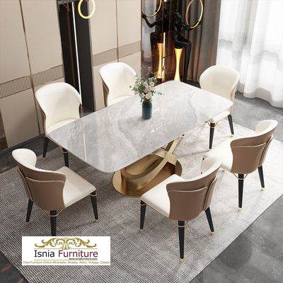 Meja Makan Marmer 6 Kursi Kaki Stainless Gold Glossy Simple Elegan