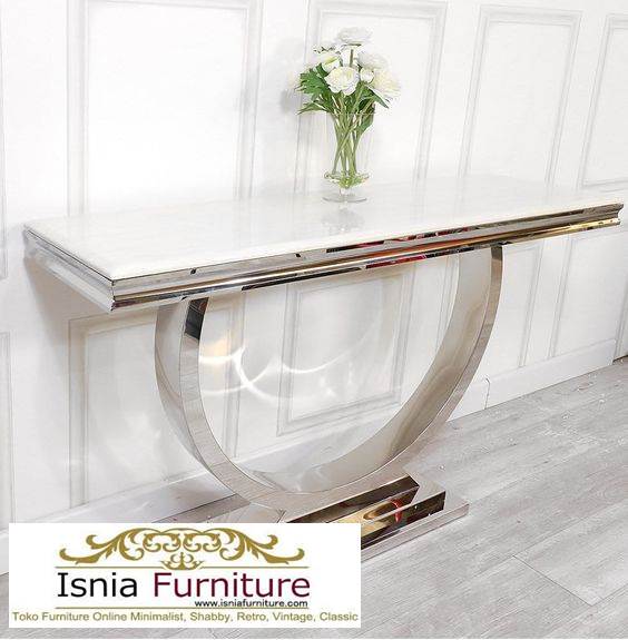 Meja Konsul Marmer Stainless Silver Setengah Lingkaran Elegan