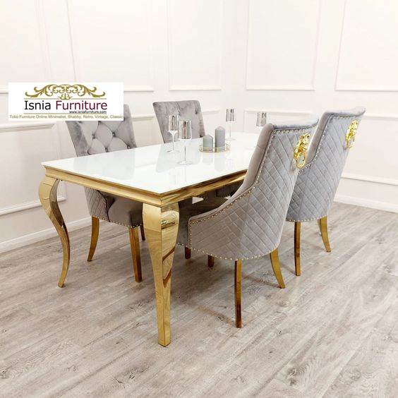 Meja Makan Marmer 4 Kursi Minimalis Stainless Steel Gold