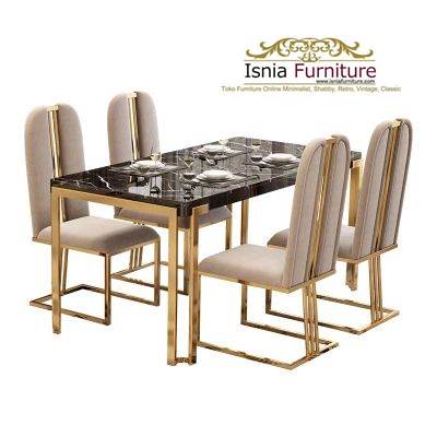 Set Meja Makan Marmer Kursi Mewah Stainless Gold Simple Elegan