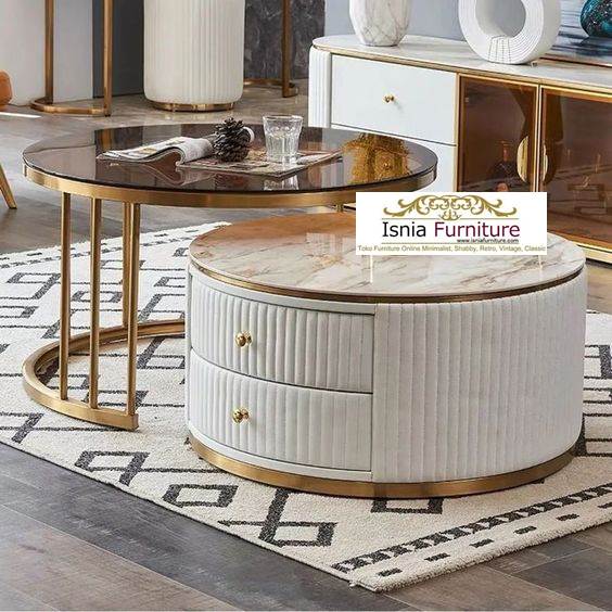 Coffe Table Top Marmer Putih Bulat Stainless Gold Minimalis Terbaru