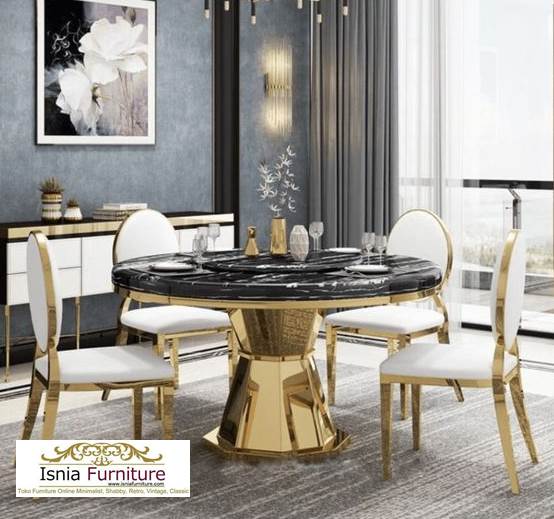 Meja Makan Bulat Marmer Modern Mewah Stainless Gold Minimalis