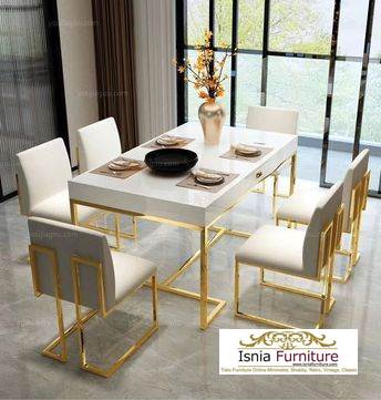 Set Meja Makan Marmer Mewah Stainless Stell Gold Termahal