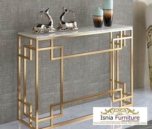 Meja Konsul Mewah Marmer Kaki Stainless Gold Model Unik Mahal