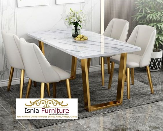 Meja Makan Minimalis Marmer Simple Stainless U Gold Design Modern