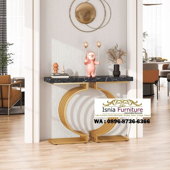 meja konsul marmer hitam luxury stainless salur gold bentuk unik