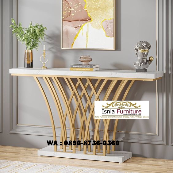 meja konsul marmer putih stainless gold luxury desain kekinian