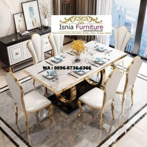 Jual Meja Makan Marmer Carrara Putih Stainless Gold Set 6 Kursi Mewah