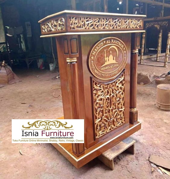 Mimbar Masjid Podium Ornamen Arabic Ukir Kayu Jati Minimalis Murah