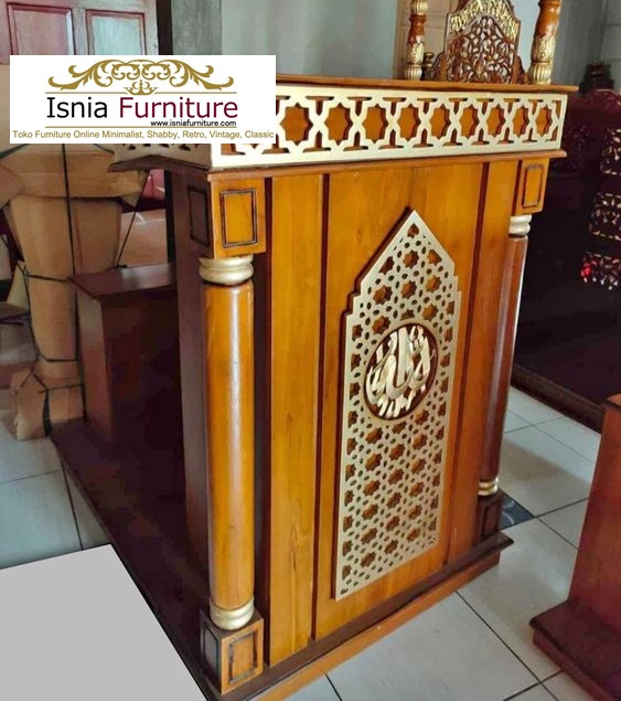 Mimbar Masjid Podium Ornamen Arabic Ukir Kayu Jati Minimalis Murah